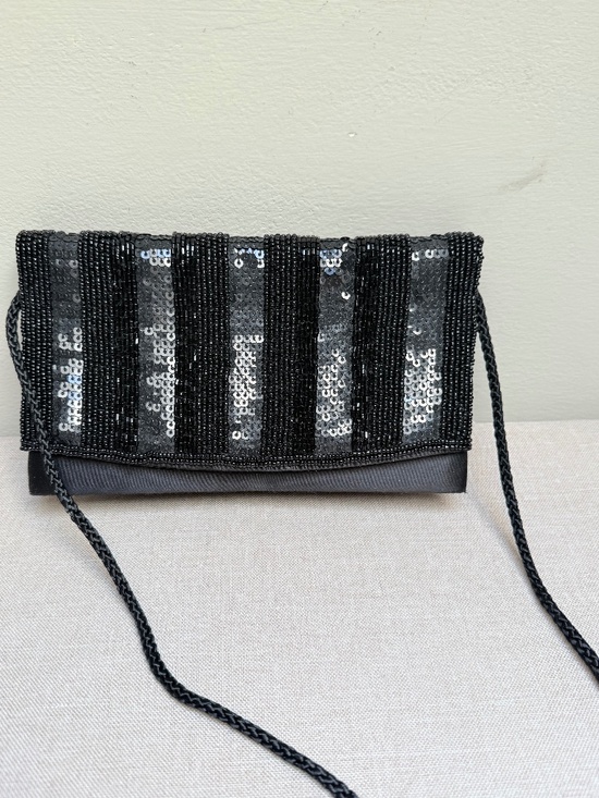 Handbags - Black Satin and Sequins Evening Bag Purse Formal Prom Wedding